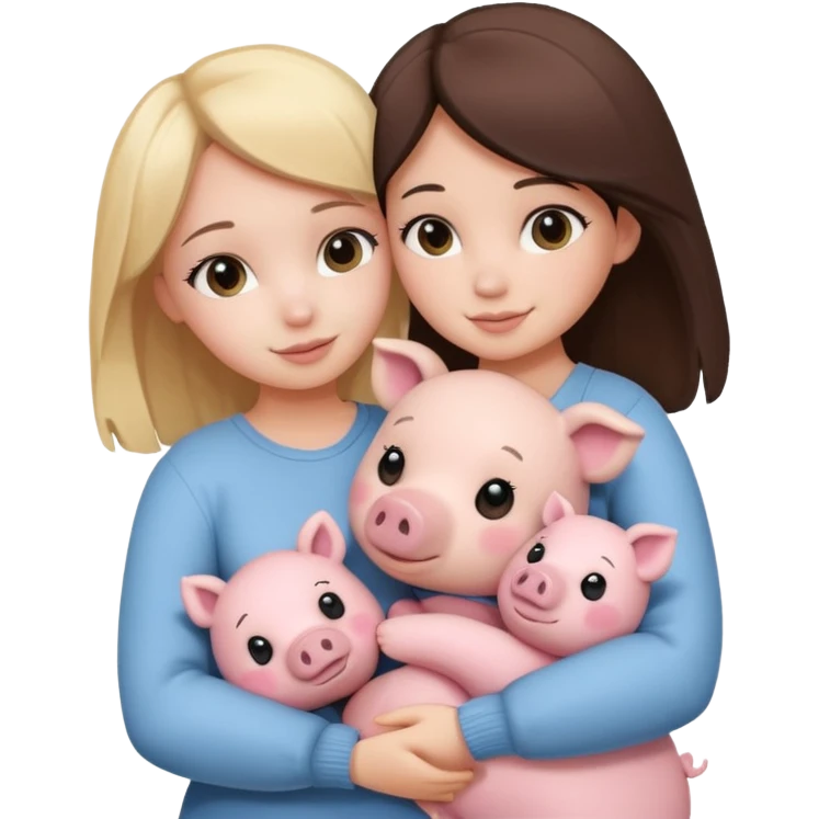 Girlfriends, blonde and brunette, hugging each other with a teddy bear and a little pig emoji
