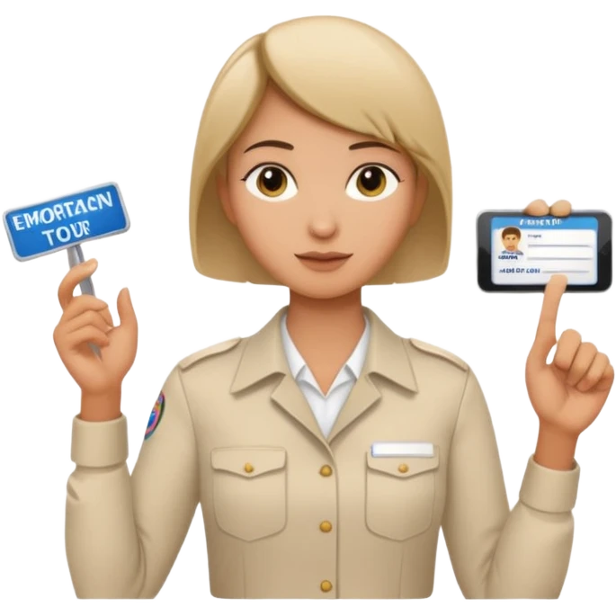 A young short-haired female tour guide wore a white shirt and showed everyone her license, which was horizontal. emoji