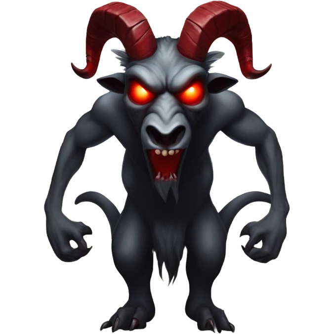 Evil Goatman male Devil sinister with red tipped horns standing with goat hind legs on pyramidal pillar  aura of darkness he is commanding sinister evil power emoji