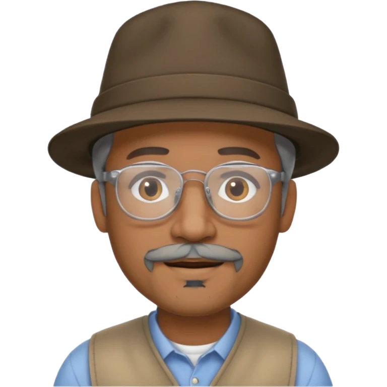 Brown man slightly smiling showing with hat, clear glasses and a gray goatee emoji