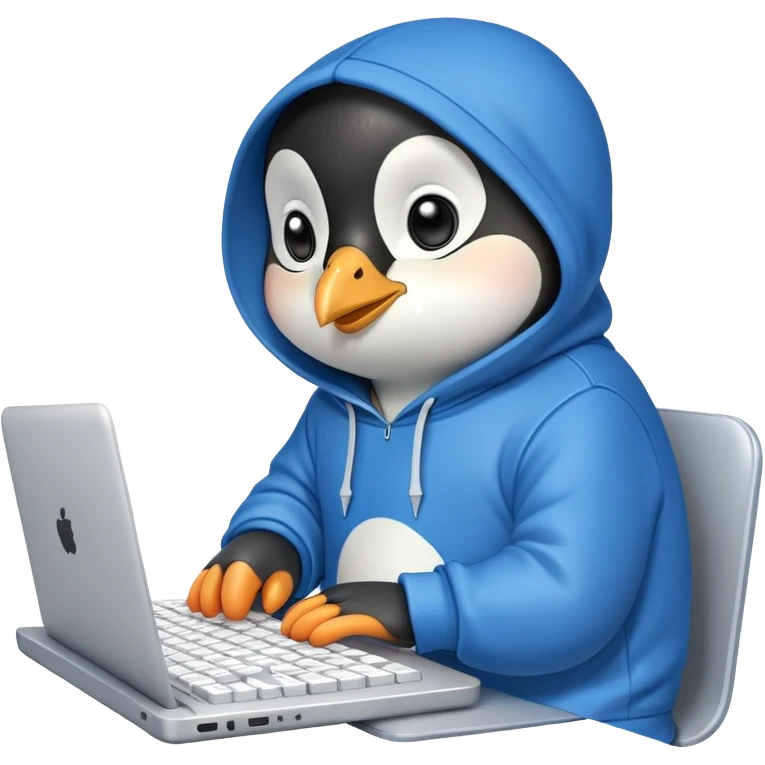 A cute penguin wearing a blue hoodie typing intensely on a laptop keyboard emoji
