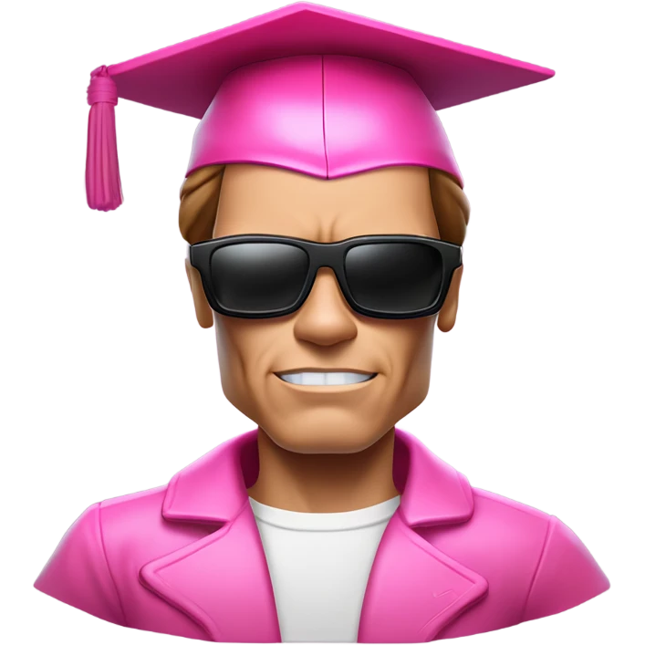 Schwarzenegger-like Terminator, upper body only, wearing his iconic clothes in pink, with a pink graduation hat (it's must have), looking more human with minimal robotic details, and wearing dark sunglasses. emoji