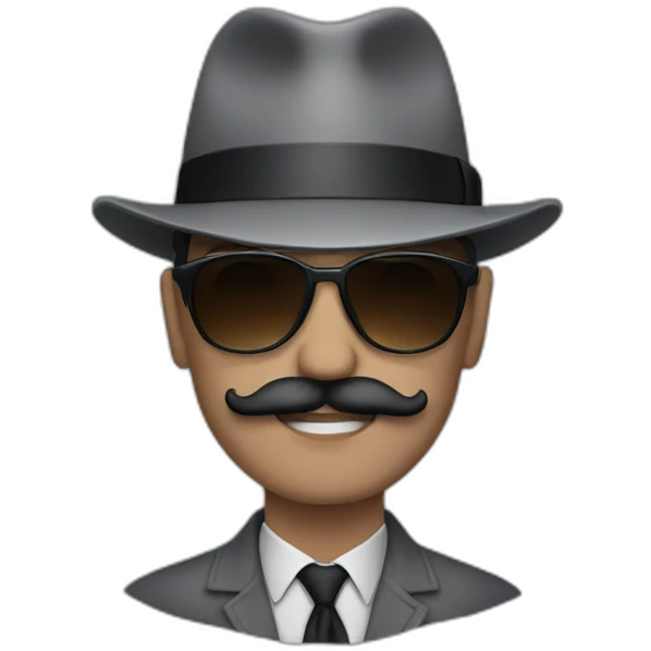 a man in gray clothes wearing a black hat, sunglasses and a moustache emoji