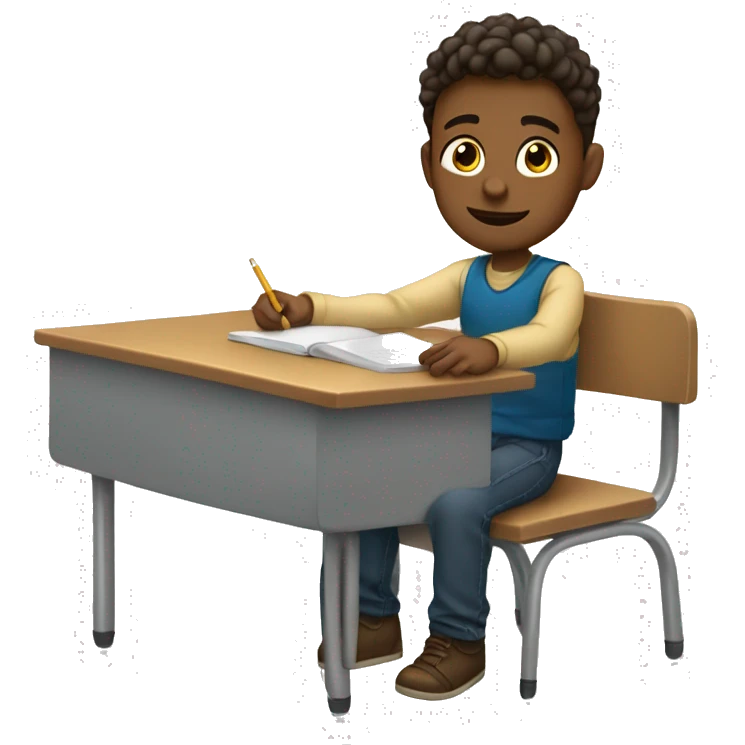 boy is sitting at school desk, hand is raised emoji