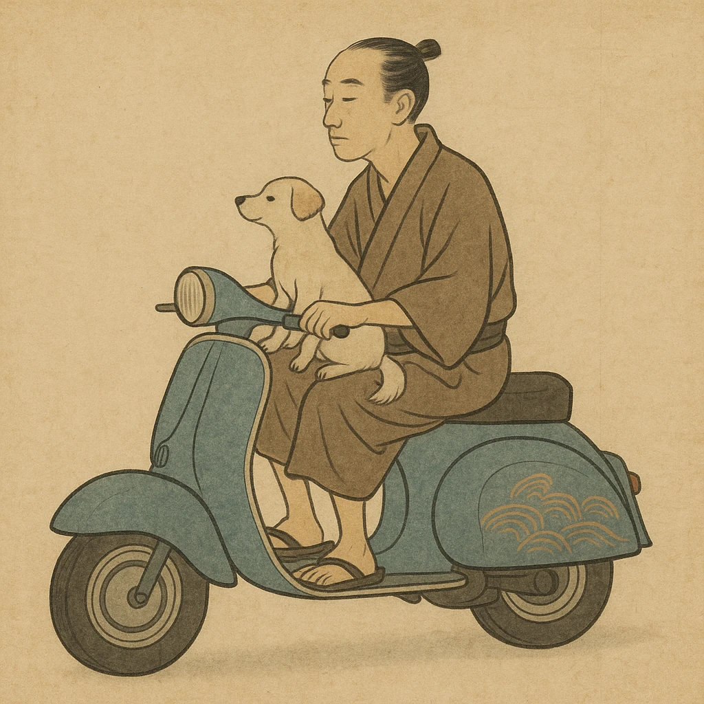 man and his pet dog riding a vespa emoji