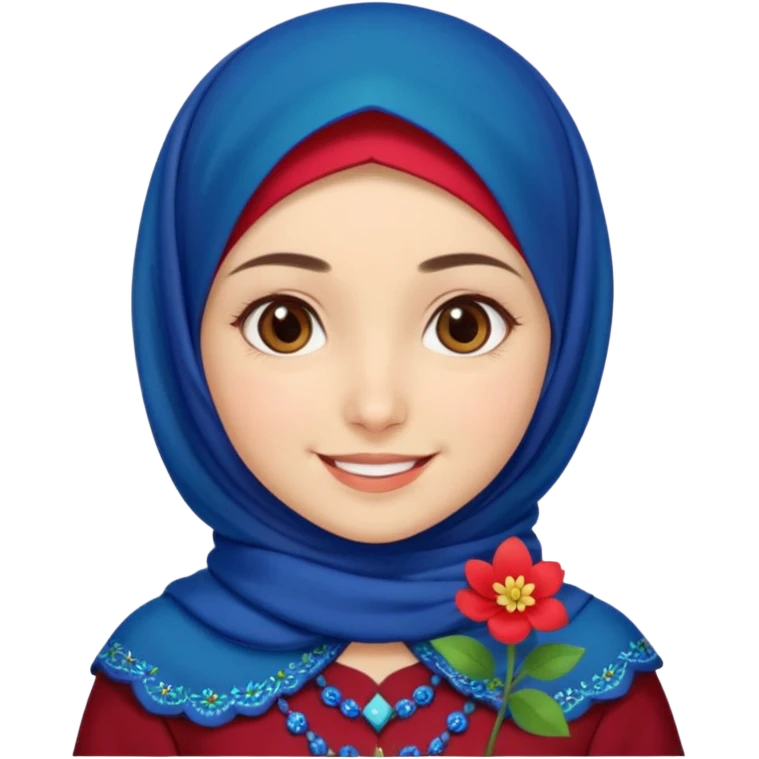 Turkish beautiful finish Konya girl brown eyes white skin with red blue indigo green mini flowers hijab and brown islamic dress and smiles emoji