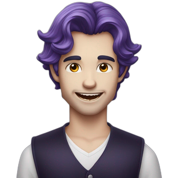 Un garçon qui sourit avec des dent de vampire les cheveux tayper violets emoji