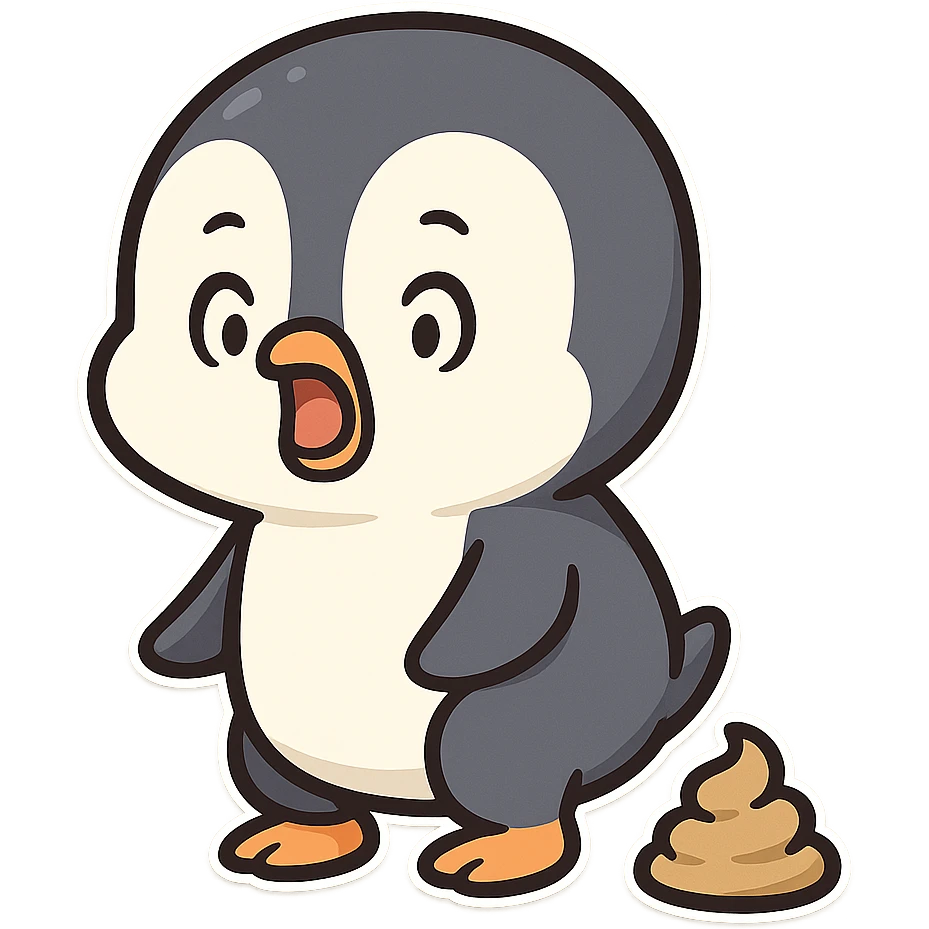 a cartoon penguin with a surprised face, pooping emoji