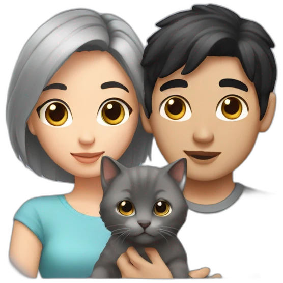 mixed couple black hair brown eyes holding grey kitten emoji