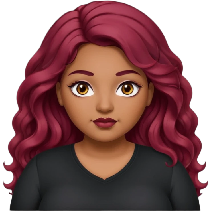 Plus size red hair brown face small eyes long hair Asian eyes small eyes wavy hair eye lashes burgundy hair black shirt emoji