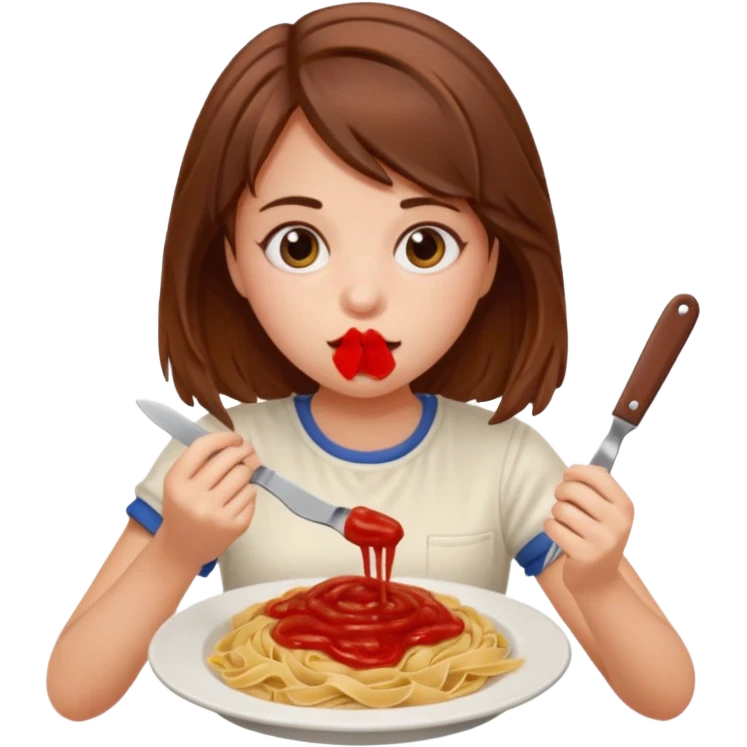 Weird girl with brown hair eating pasta holding ketchup and a knife  emoji