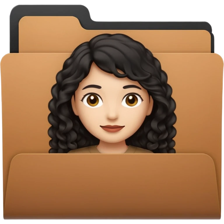A **simple emoji-style icon** of a **black transparent plastic folder**, sleek and minimal, with **rounded corners**, subtle translucency, soft shading, and a **small logo of a canela-skinned latina with curly black hair** on the front.
 emoji