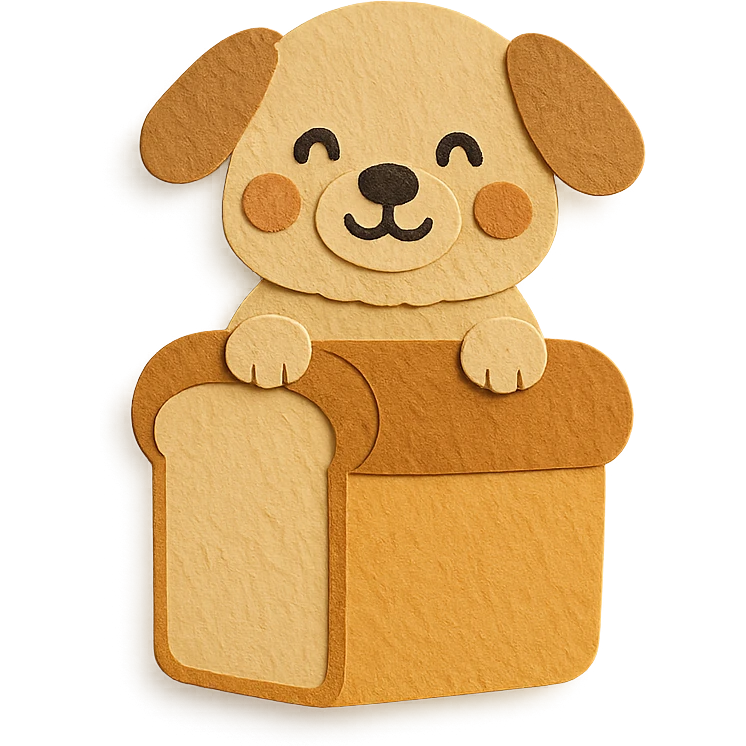 cute dog-shaped bread maker, fluffy, peeking from a bread loaf, cheerful, warm beige, full-body emoji