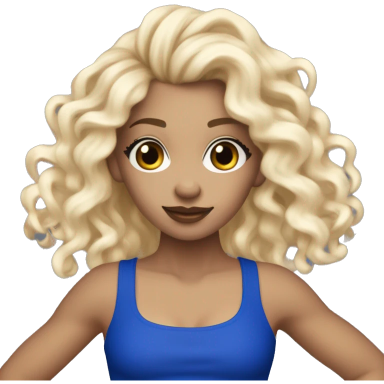 Dancer with white skin wearing royal Blue miniskirt and royal blue long tank top with blond wavy long hair. Holding silver pom poms.  emoji