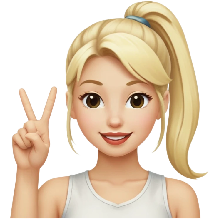 blonde girl with high pony tail hair, winking and making peace sign emoji