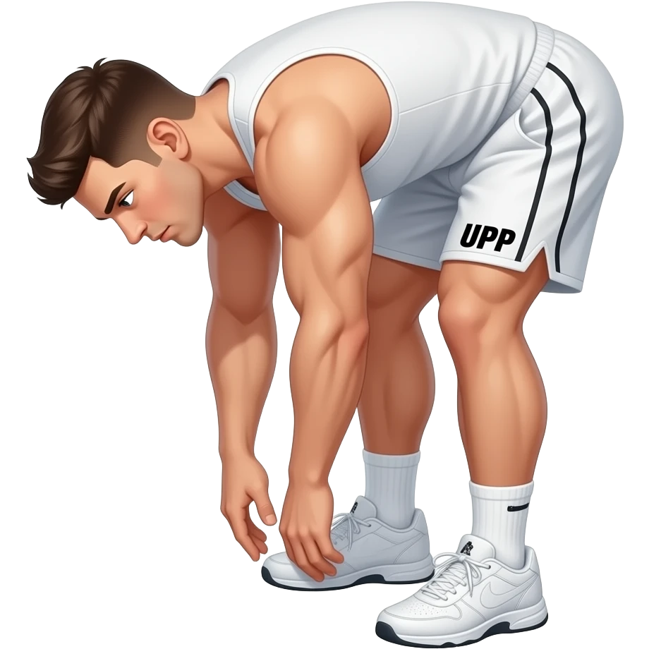 guy-in--white shorts --white-tank top-and-shorts-standing-up, bending down / over to streth and touch his toes of both his feet. feet are together / touching not spread apart. with "UPP" written-on-his-shorts in black. white gym shoes emoji
