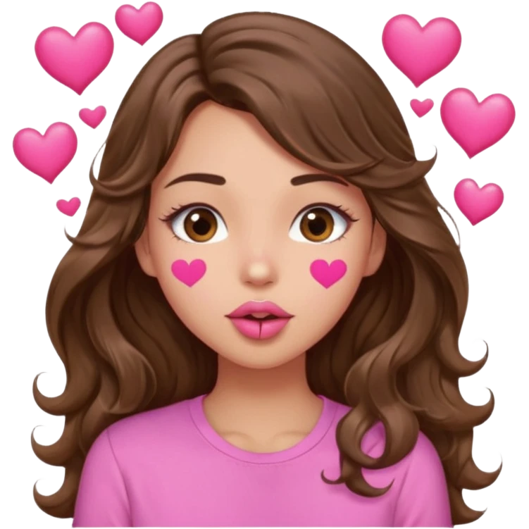 girl with long wavy brown hair, brown eyes, light to medium complexion, in a pink shirt, pink lips, long lashes, puckering up for a kiss, kiss lips and hearts emoji