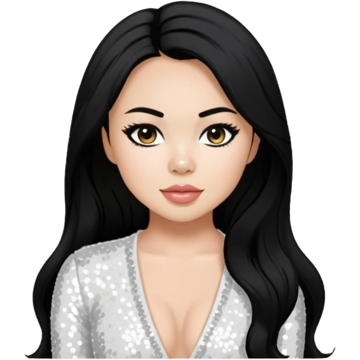 Janel Parrish with long black hair, white sequin outfit emoji