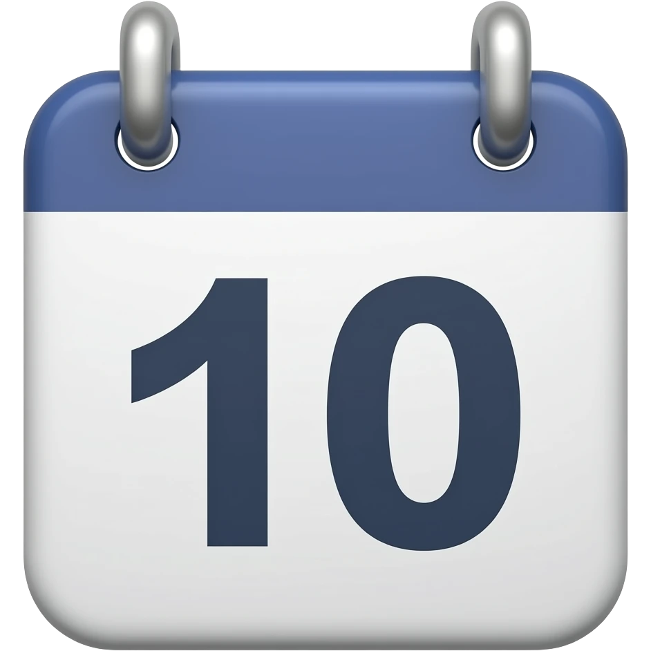 Apple-style emoji icon of a calendar in 3D perspective, single date number centered, date 10 with Deep blue colors emoji