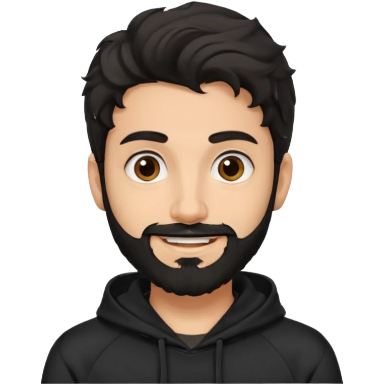 young fair skin pakistani guy smiling with black beard, wavy hair pushed back and brown eyes and big eyebrows, thin eyes , wearing black hoodie emoji