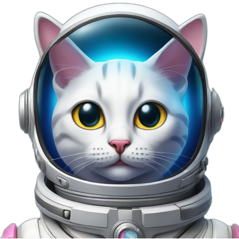 cat left eye is blue and right eye is pink wearing a space suit smoking a cigar with a grin emoji