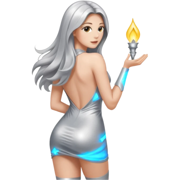 woman with light long hair in silver body looking at the camera from back with sexy pose emoji