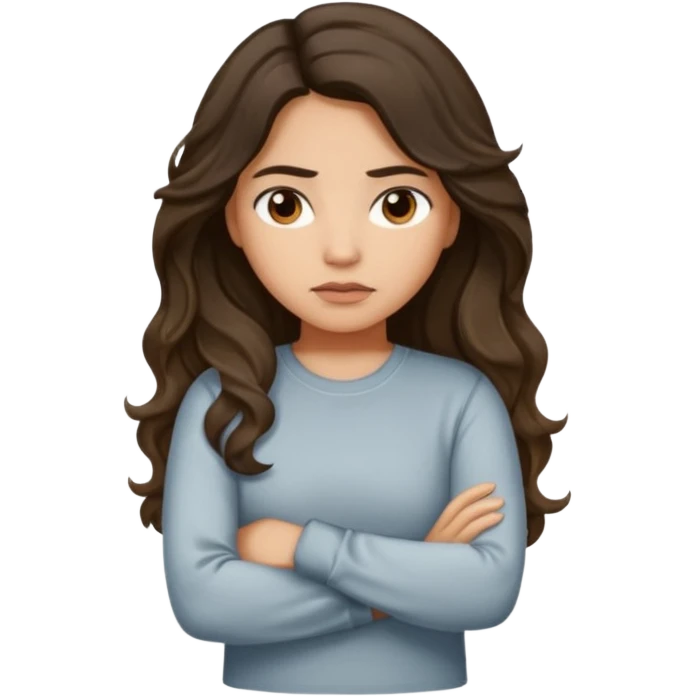 Hispanic light tan girl with long dark wavy hair slightly pouting and arms crossed. Wearing a long sleeve. Hair with middle part. emoji