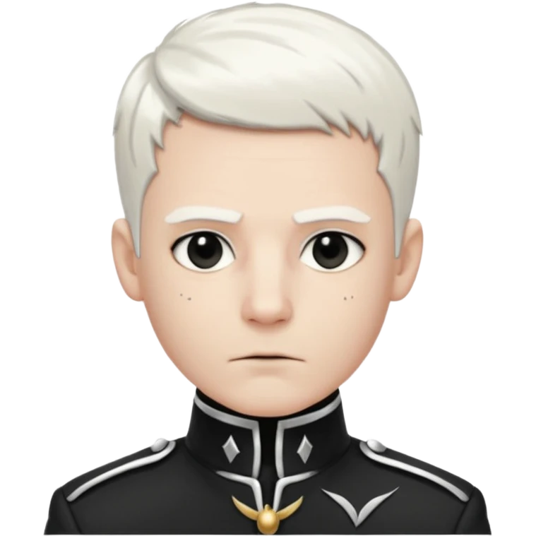 Head and shoulders emoji of a pale man with short white hair, wearing a black marching band jacket with silver trim. black eyeliner. Expression stoic, commanding, and theatrical, heroic emo style emoji
