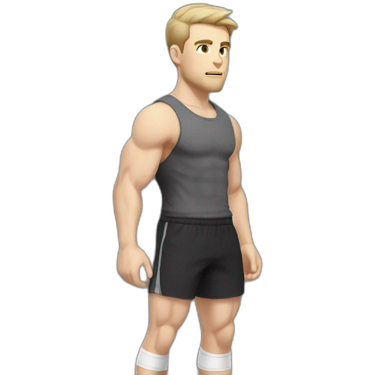 Pale skinned Fit Man With the biceps and dark brown hair in black shirt, gray sports shorts and white Sneakers Scales of the back of the head emoji
