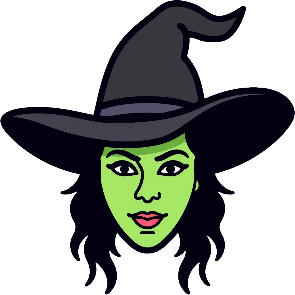 Elphaba witch face with green skin and black hat emoji