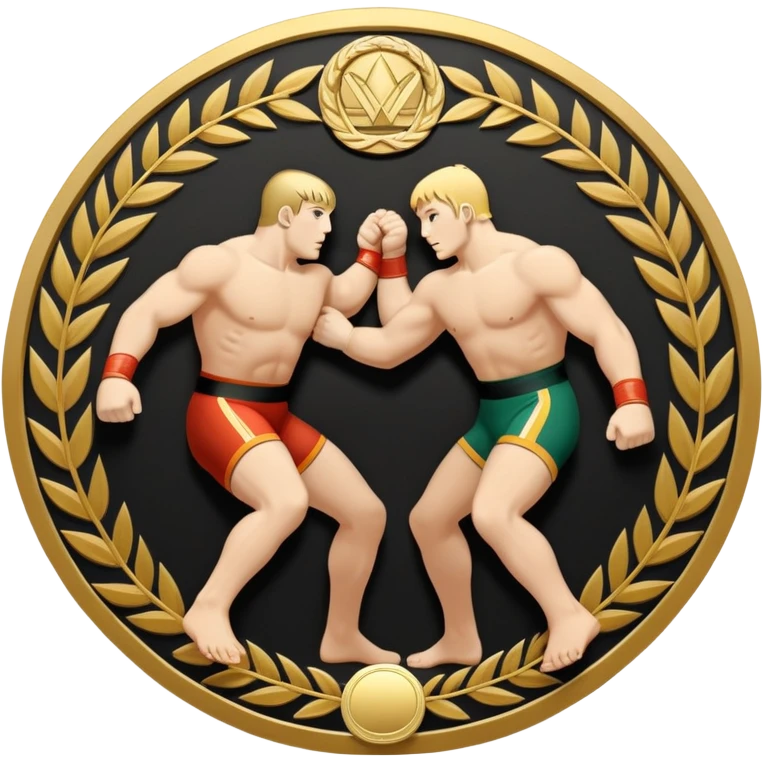 An icon symbolizing wrestling combat sports in the style of an emblem. The design features two wrestlers locked in a powerful grapple, one attempting to take the other down. Surrounding the scene are stylized elements like a championship belt, wrestling mat, and a laurel wreath.  emoji