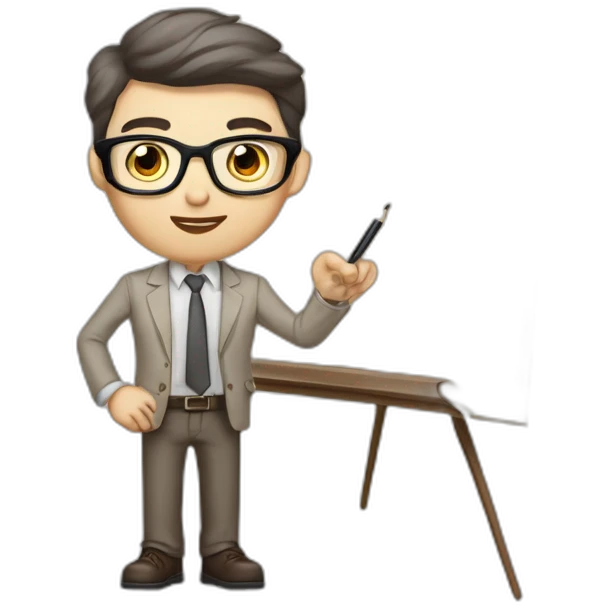 Pale skinned fit man with dark brown hair in gray jacket, beige office shirt, brown tie, brown pants and vintage glasses Writing on the flipchart emoji