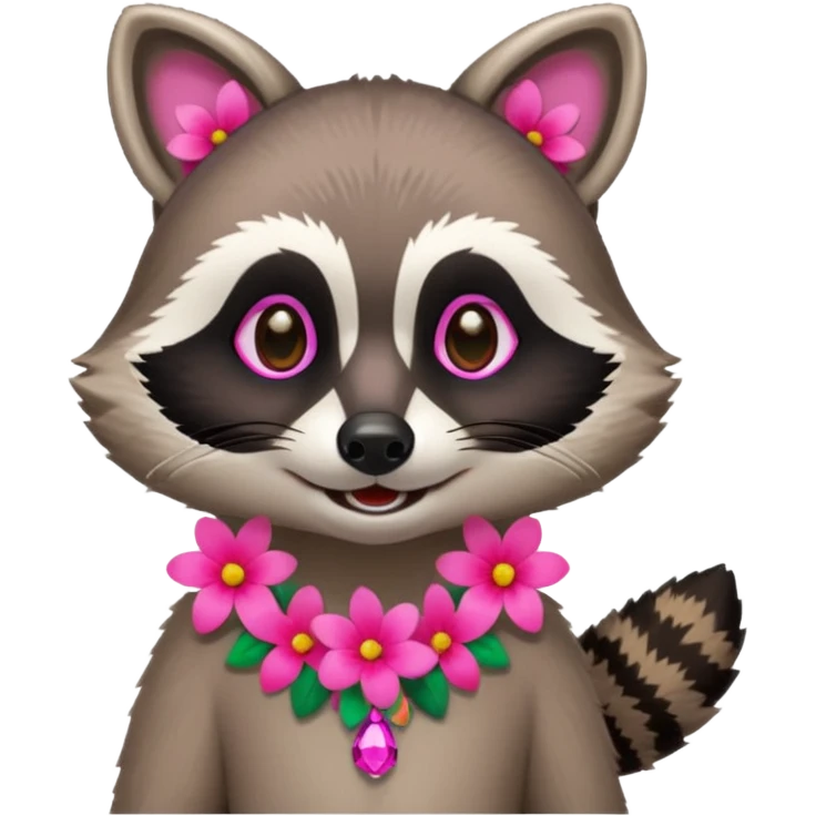 A playful raccoon wearing a neon-pink flower necklace, looking festive. emoji