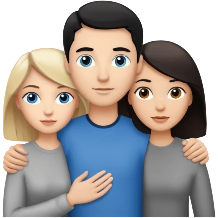 3 people. Throuple. Blank woman with blond hair and blue eye color on left. And also a blank man with black hair and grey eye color in the middle. And a blank woman with brown hair and grey eye color on the right. Holding each other emoji
