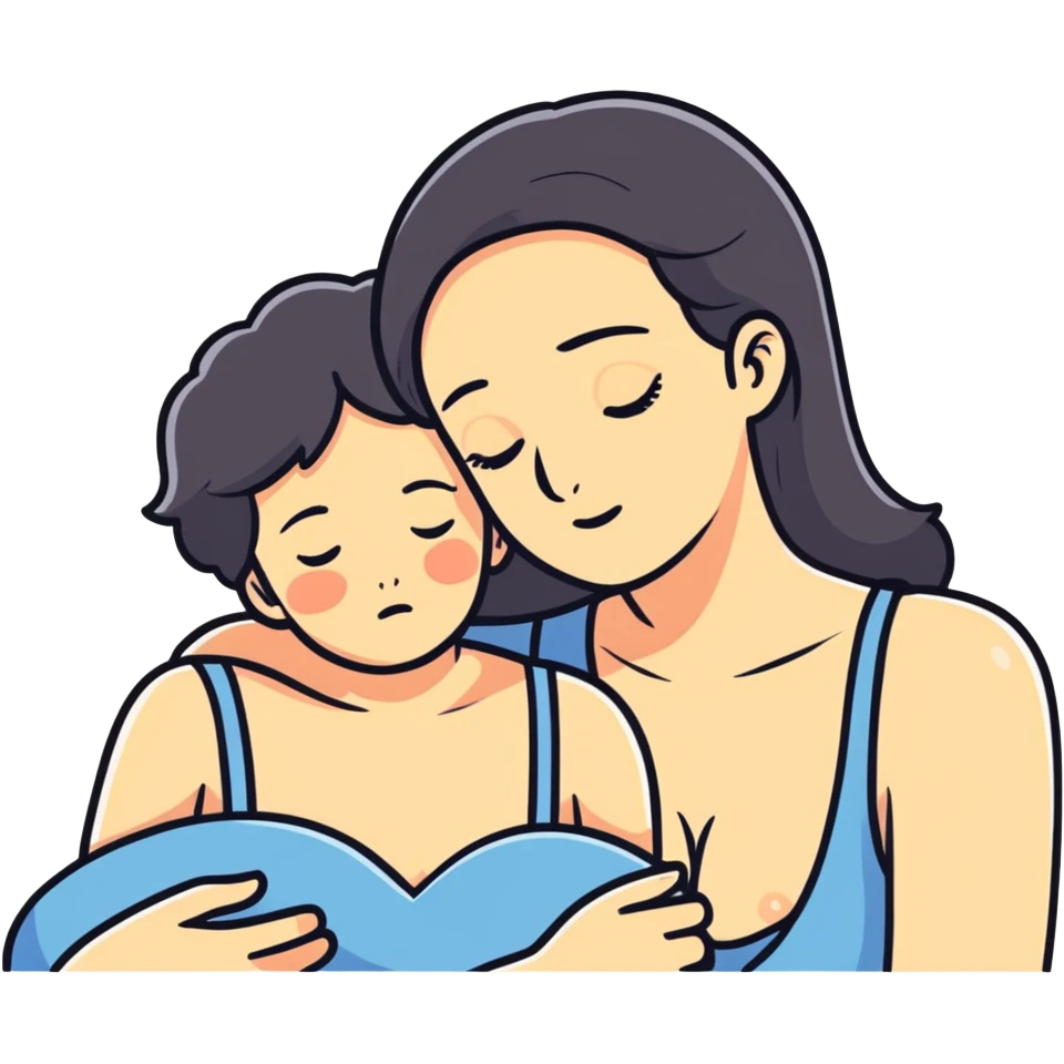 A boy rests his face against his mother's large sexy breasts  emoji