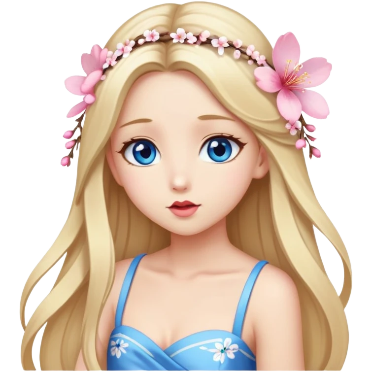 Girl with long blond hair and sakura accessories on her hair with a long tailed dress on the floor and have blue eyes beautiful finish and she sending lovely kisses  emoji