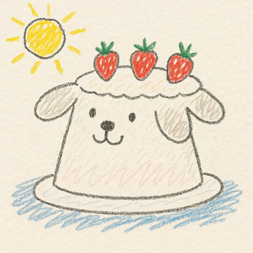 white cake shaped like a dog with strawberries on top, children doodle style, cheerful and sweet emoji