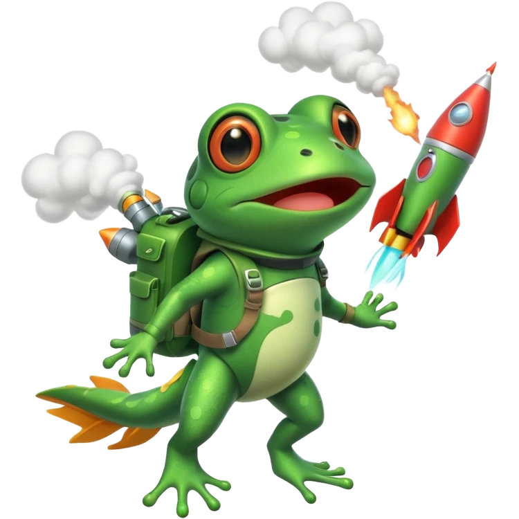 cute frog flying with a rocket pack, funny expression, rocket smoke trail, 3D cartoon, mobile game icon style, clean background, no text, no watermark emoji