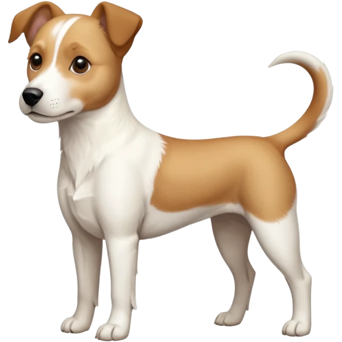 a full body facing front on of a buff white beagle cross jack russell terrier looking dog the size of a kelpie with light brown long ears resting on its face and a light brown patch above one eye and a large snout. the rest of the dog is completely white.  emoji