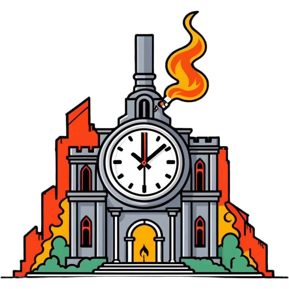 A clock showing 38 minutes, with a smoking gun and a destroyed palace in the background emoji