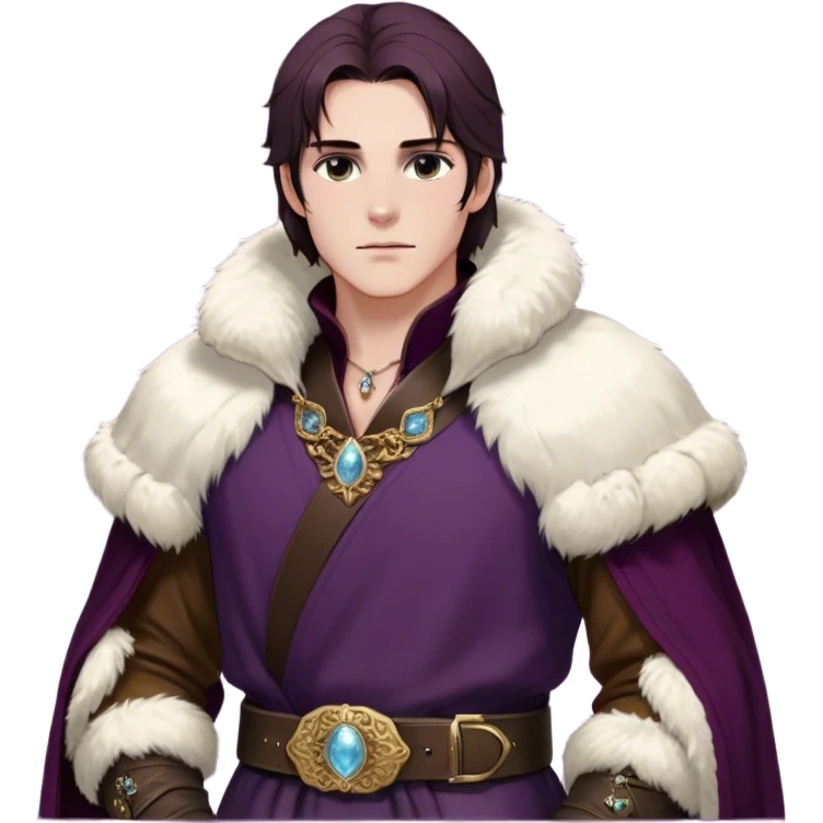 Medieval winter outfit worn by a DnD themed fantasy male character. Thick deep plum wool tunic with ermine fur trim at collar and sleeves, fastened with intricate gold-plated clasps and a heavy tooled leather belt. Clothes only above the waist, full waist coverage. The character has no arms. Character is white-skinned with dark auburn hair, misty gray eyes, and shoulder-length hair with crystalline frost at the tips. emoji