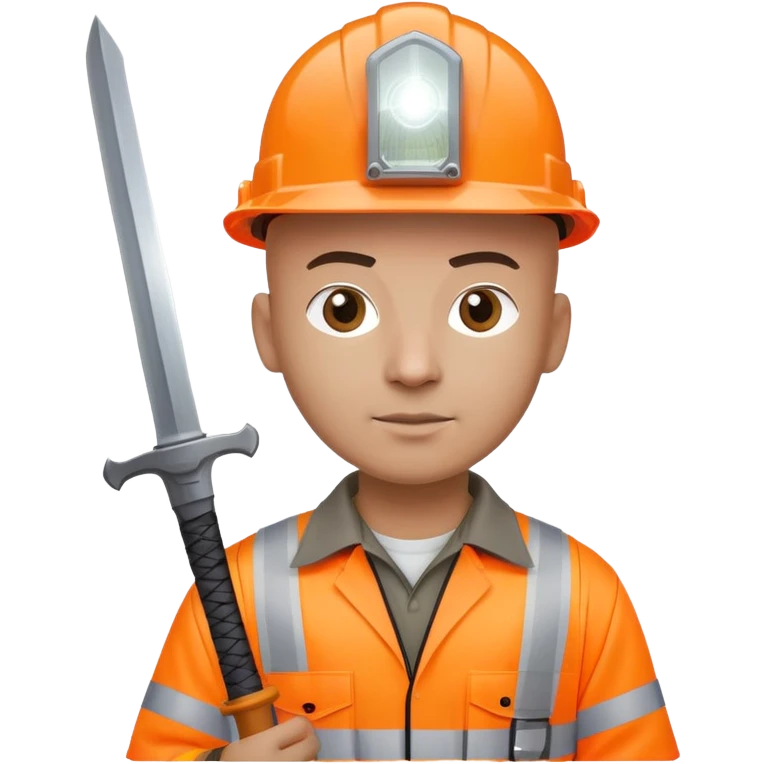 Bald Telecoms engineer in orange hi vis with white hard hat (with headlamp) and sword emoji