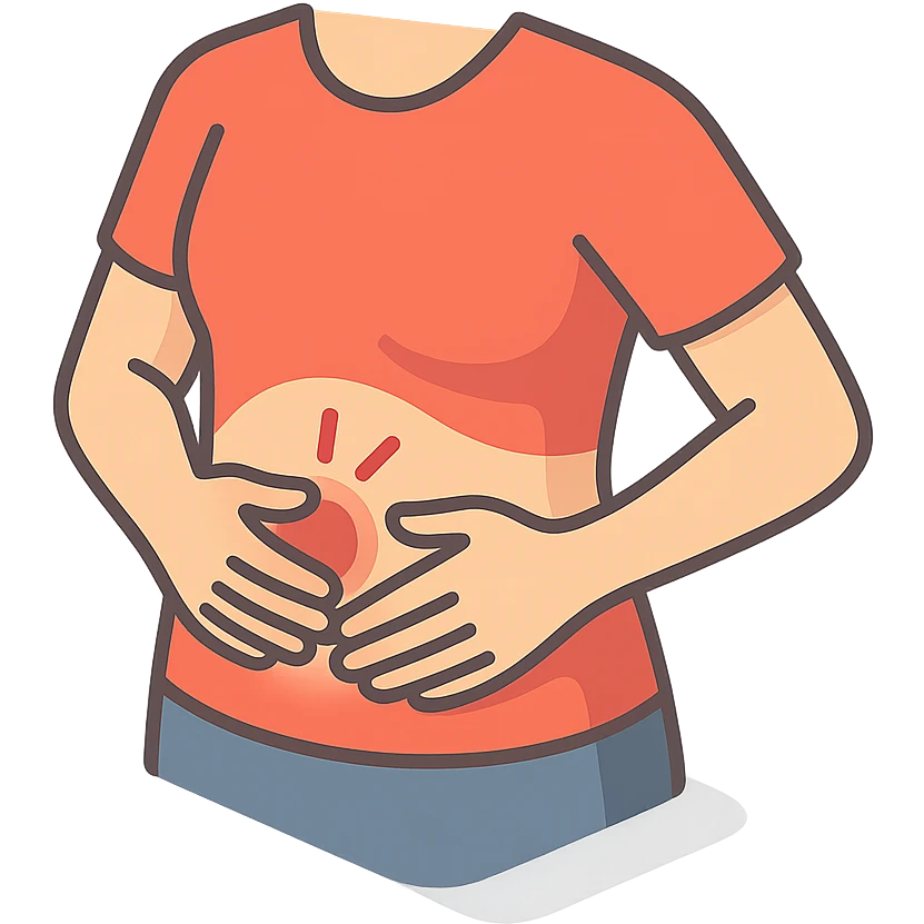 close-up of a person's stomach with hands gently massaging the area, showing mild pain, only the stomach and hands, no face, 2D isometric illustration style emoji