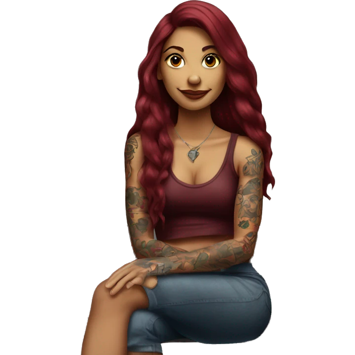 Beautiful tattooed burgundy long haired woman sitting on a bench emoji