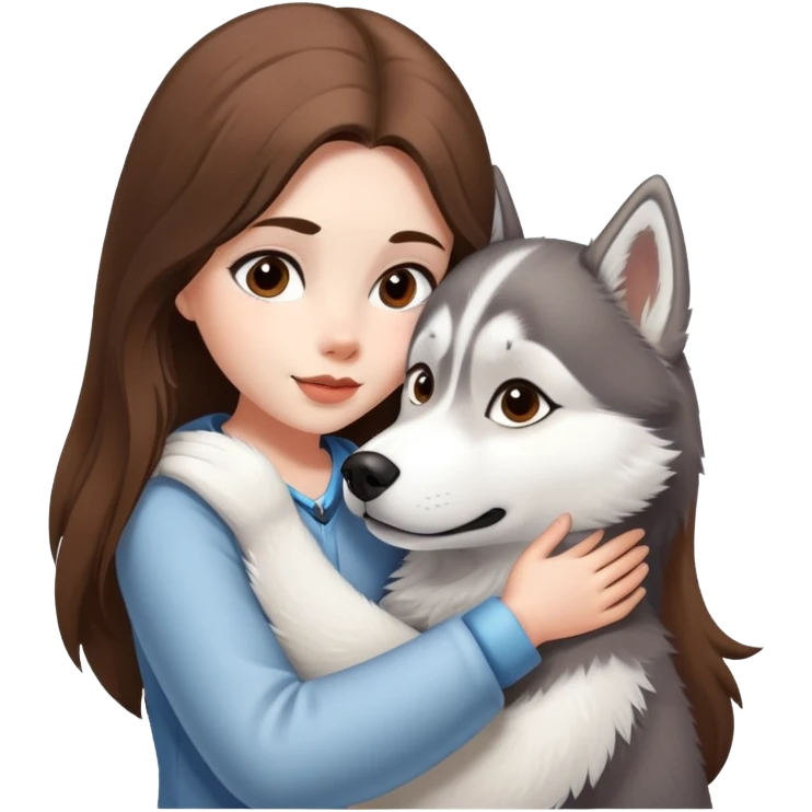 Girl white Brown long hair make a hug to a husky white and grey  emoji