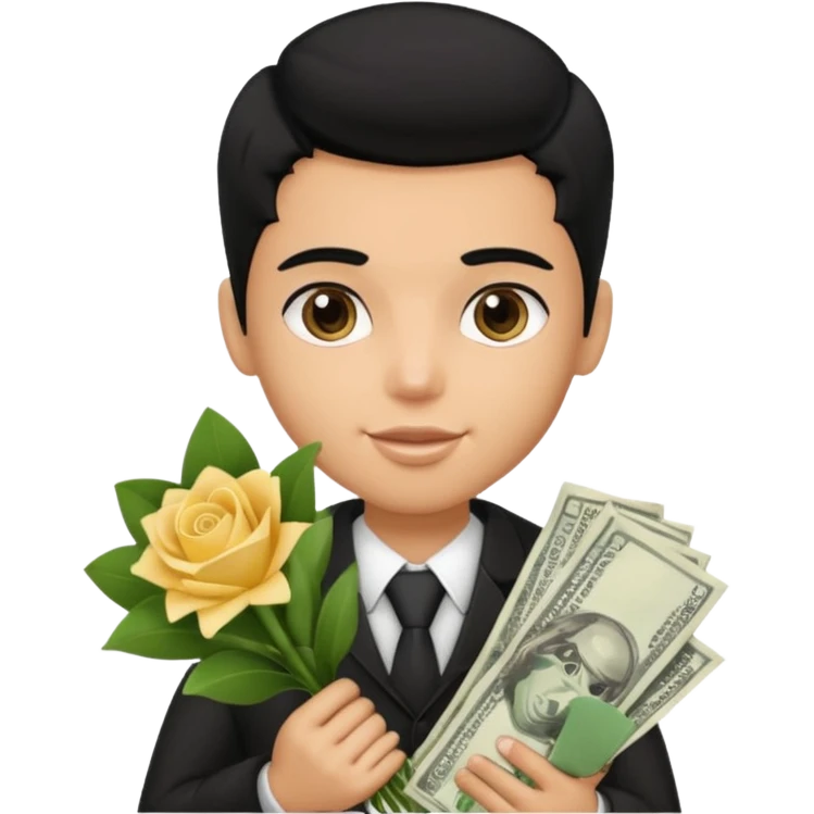a pretty bratz boy with black hair, holding a bouquet made of money emoji