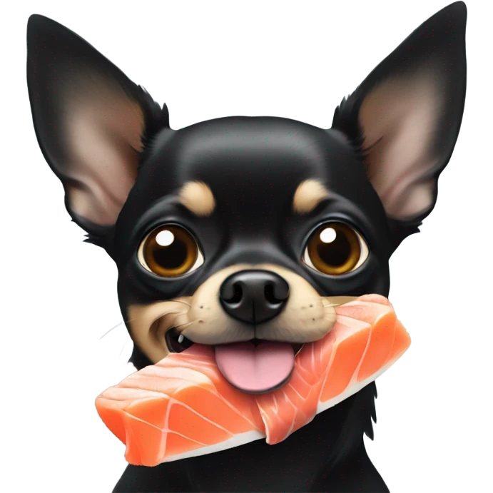 Black chihuahua with salmon in mouth emoji