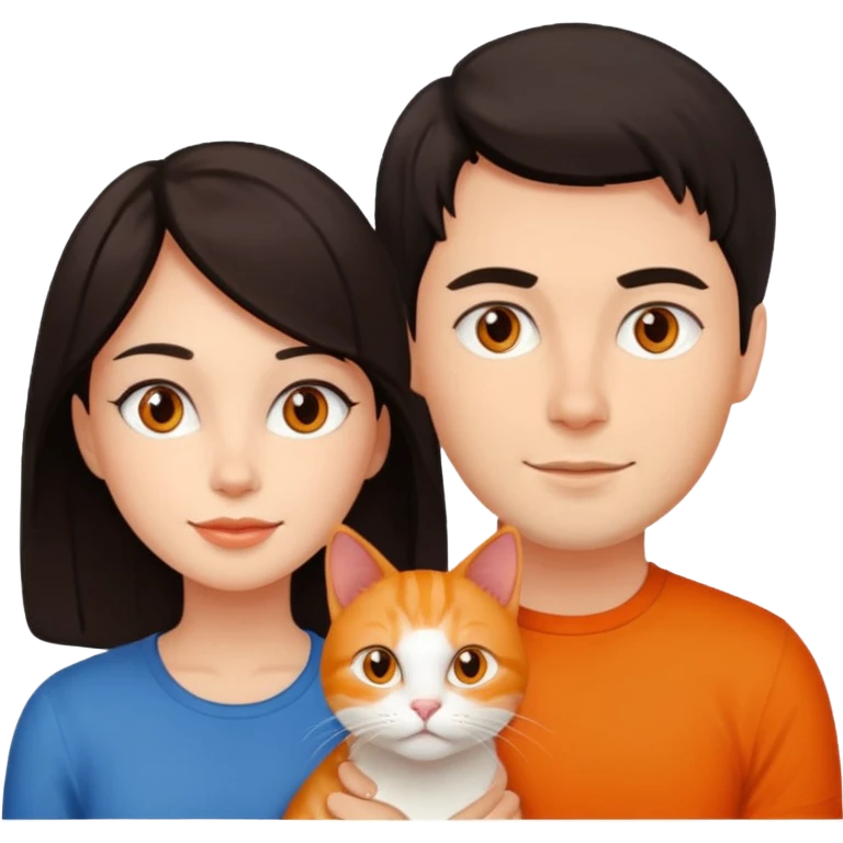 man and woman with dark hair and an orange cat emoji