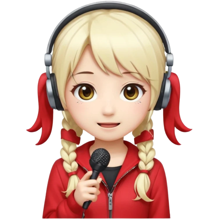 Cute kawaii emoji-style Japanese K-pop singer girl, long platinum blonde hair in twin tails, red outfit, headset mic on cheek, Japanese K-pop idol vibes, big sparkling eyes, chibi proportions, clean lineart, pastel colors, cheerful idol smile, sticker/emoji style, transparent background emoji