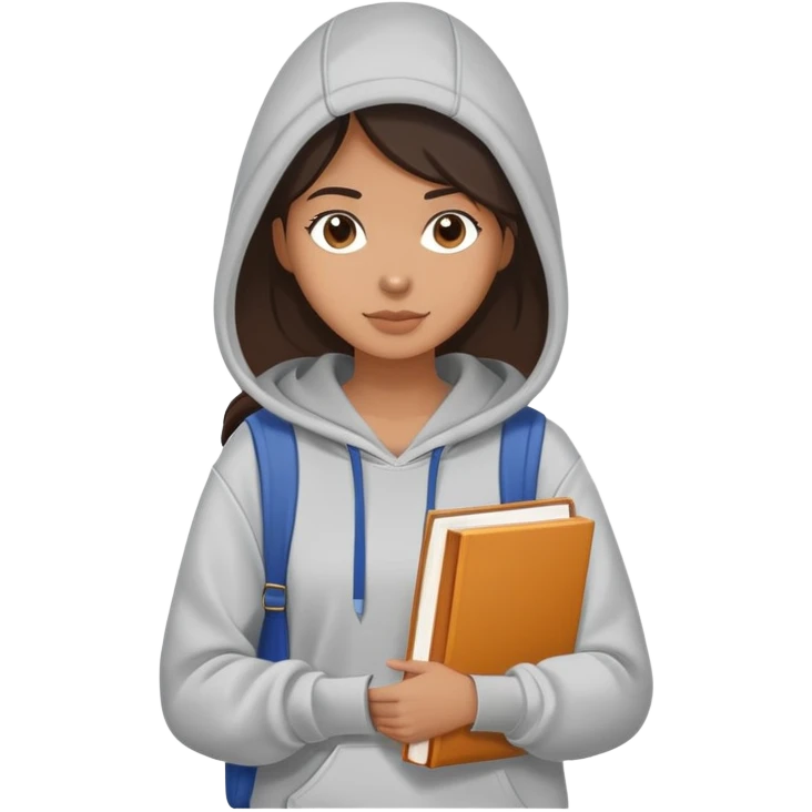 A flat-style illustration of a woman college student with a tote bag over the shoulder and a book in one hand. The student wears a hoodie. Clean cartoon style, white background, iOS emoji aesthetic. emoji